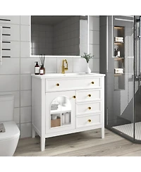 Sillysis Bathroom Vanity with Sink, Medieval Glass Doors, Motion Sensor Lighting, Flip Drawer & Adjustable Storage for Modern Homes
