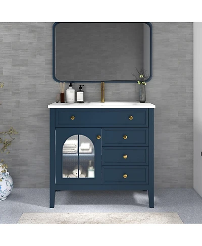 Sillysis Bathroom Vanity with Sink, Medieval Glass Doors, Motion Sensor Lighting, Flip Drawer & Adjustable Storage for Modern Homes