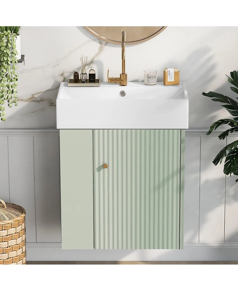 Sillysis Floating Bathroom Vanity with Ceramic Sink, Left Side Storage, Soft Close, Modern Wall Mounted Cabinet for Small Spaces