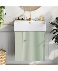 Sillysis Floating Bathroom Vanity with Ceramic Sink, Left Side Storage, Soft Close, Modern Wall Mounted Cabinet for Small Spaces