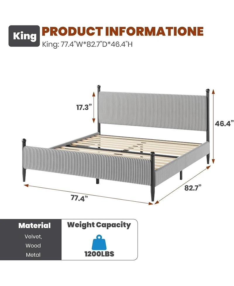 gaomon King Bed Frame with Velvet Upholstered Corduroy Headboard, Wooden Slats Support and Heavy-Duty Platform Design