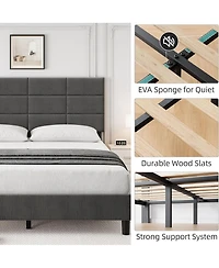 gaomonUpholstered Platform Bed Frame with 12-Panel Padded Headboard, Linen Fabric, Wood Slats Support, No Box Spring Needed, Quiet Structure