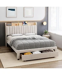 gaomon Storage Headboard Upholstered Platform Drawers Charging Station Noise-Free Easy Assembly No Box