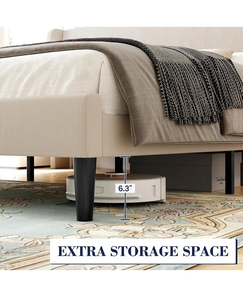 gaomon Wingback Bed Frame Vertical Stripe Velvet Upholstered 2 Storage Pockets Wood Slats Easy Assembly No Box Spring.