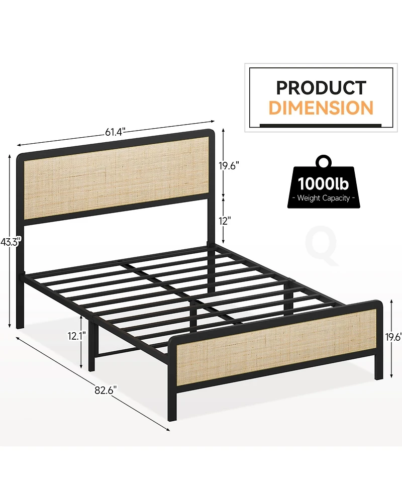 gaomon Queen Size Platform Bed Frame with Rattan Headboard and Footboard- Black Metal Frame- No Box Spring Needed- Noise-Free- Easy Assembly
