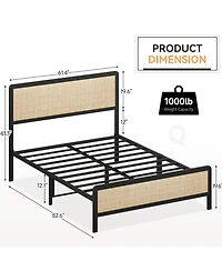 gaomon Queen Size Platform Bed Frame with Rattan Headboard and Footboard- Black Metal Frame- No Box Spring Needed- Noise-Free- Easy Assembly