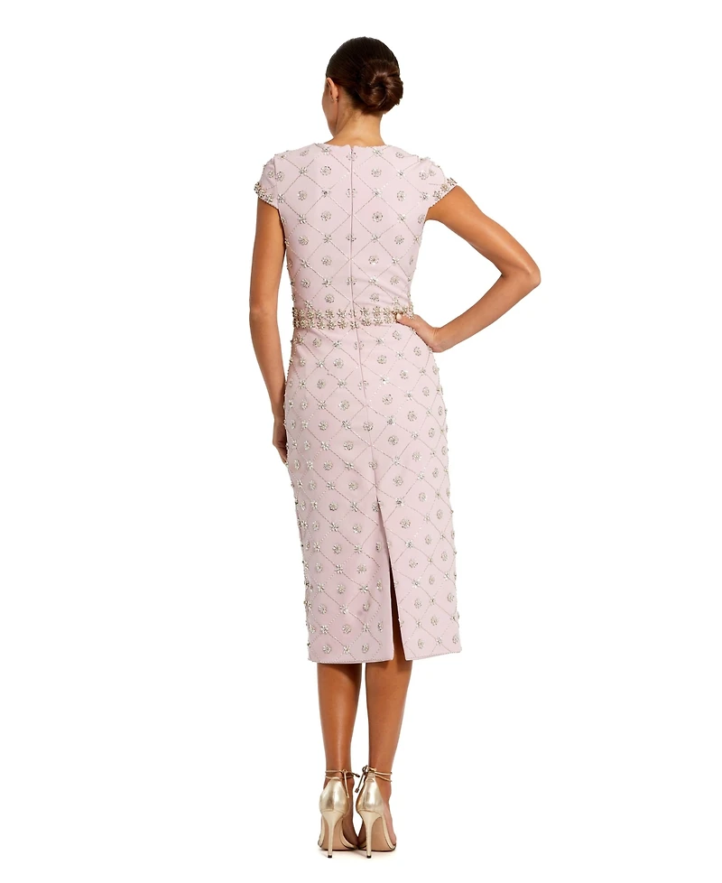 Mac Duggal Women's Hand Embellished High Neck Cap Sleeve Midi Dress