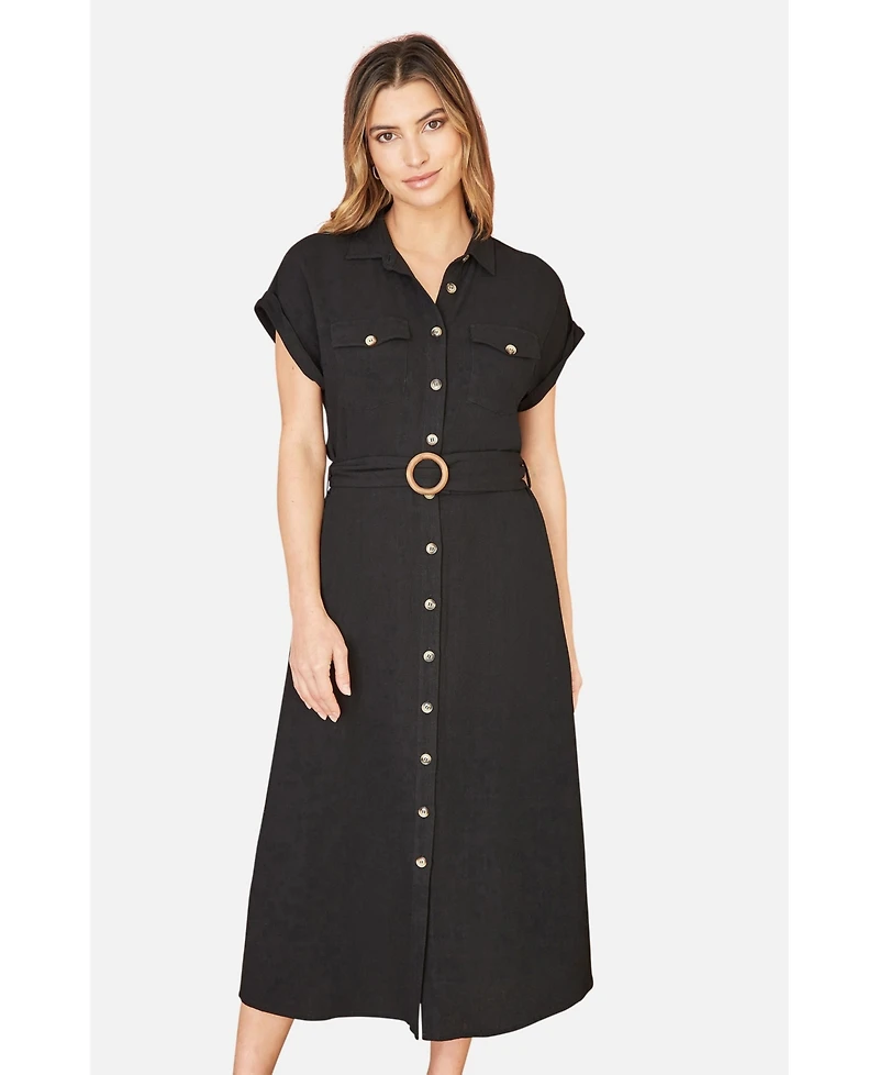 Yumi Women's Viscose Linen Look Midi Shirt Dress