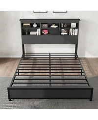 gaomon Bed Frame with 2-Tier Bookcase Headboard, Type-c & Usb Charging Station – Tall Sturdy Wooden and Metal Foundation