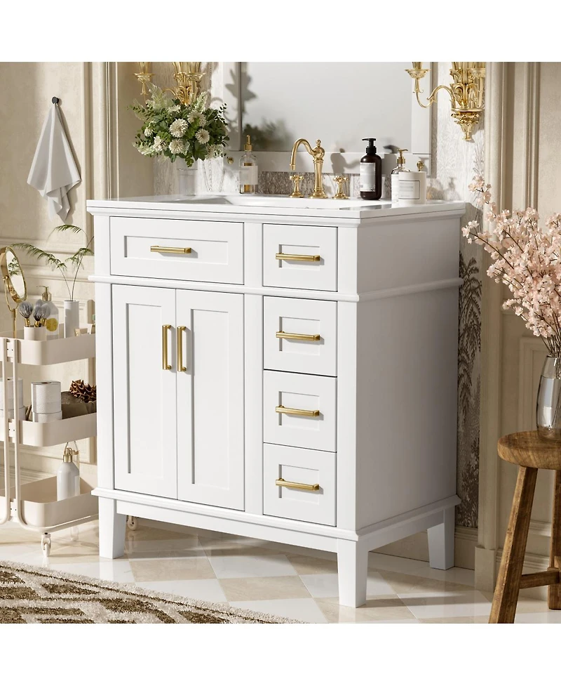 Sillysis 30" Bathroom Vanity with Ceramic Sink, Modern Storage Cabinet 2 Soft-Close Doors & Deep Drawer for Small Bathrooms