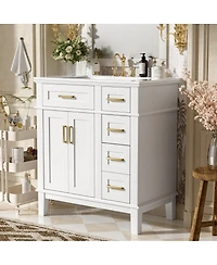 Sillysis 30" Bathroom Vanity with Ceramic Sink, Modern Storage Cabinet 2 Soft-Close Doors & Deep Drawer for Small Bathrooms