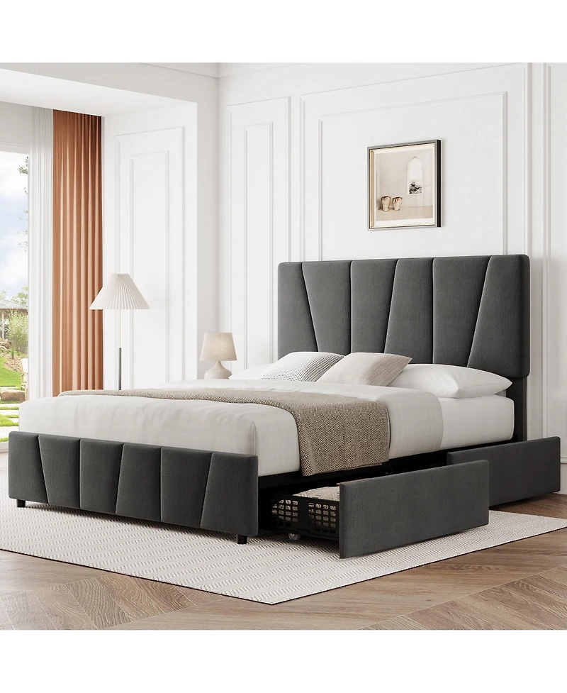 gaomon King Bed Frame Adjustable Headboard 4 Storage Drawers Upholstered Platform Wooden Slats Support No Box Spring