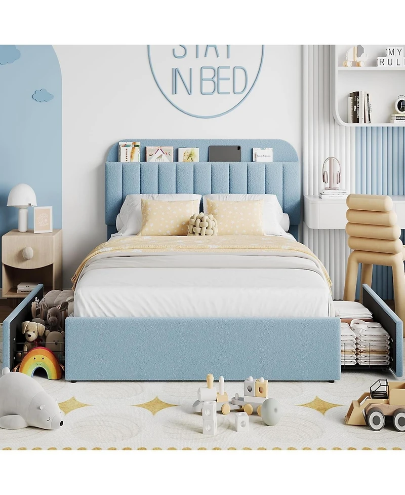 gaomon Bed Frame Storage Headboard 2 Drawers Boucle Upholstered Platform Bookcase Easy Assembly No Box Spring.