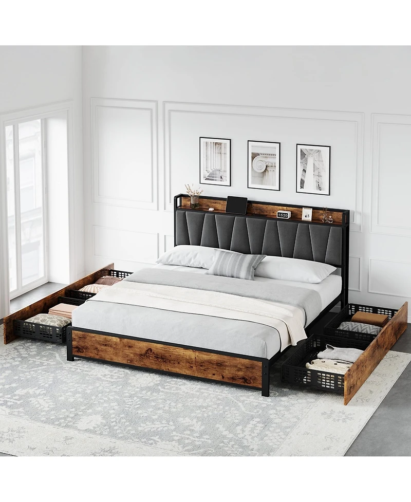 gaomon Linen Upholstered Platform Bed 4 Drawers Charging Station Vintage Headboard Wooden Slats No Box Spring Easy Assembly