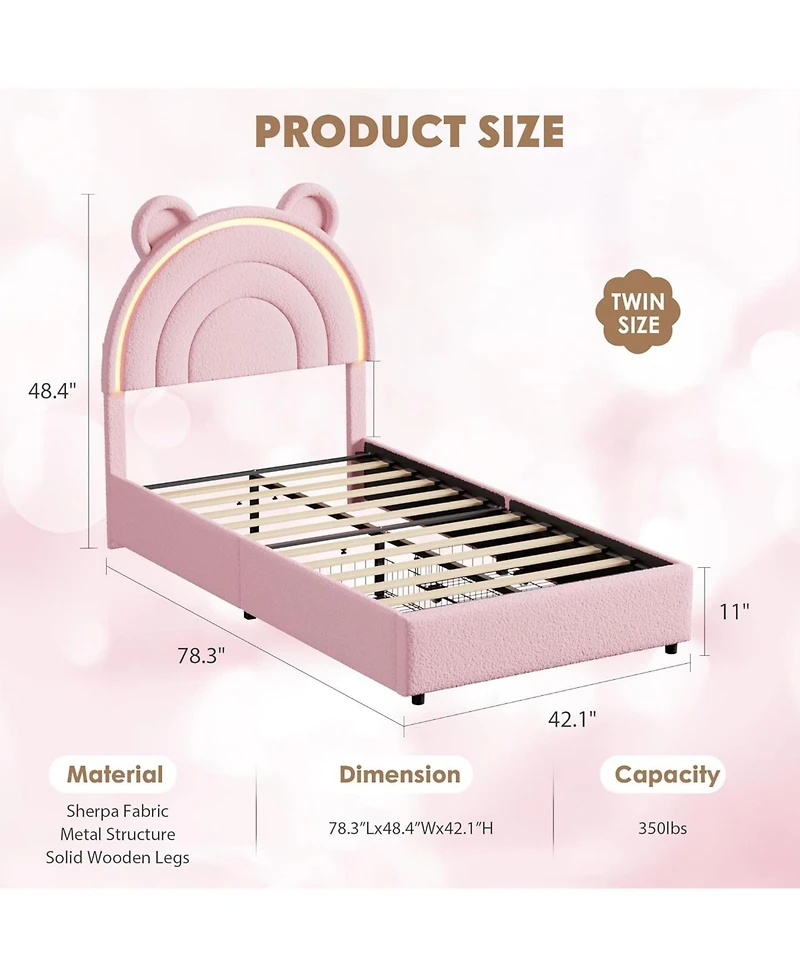 gaomon Twin Princess Bed Frame 4 Storage Drawers Led Lights Velvet Upholstered Rainbow Headboard Solid Wood Slats No Box Spring