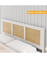 gaomon Full Bohemian Rattan Platform Bed Frame Headboard Strong Metal Slats Support Noise Free Design No Box Spring