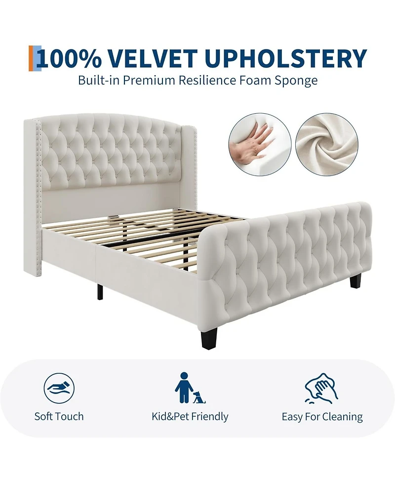 gaomon 51Inch Bed Frame Deep Button Tufted Wingback Headboard Footboard Velvet Upholstered Platform No Box Spring.