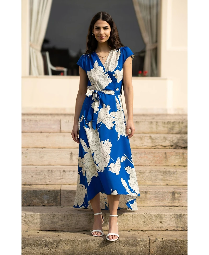 Yumi Women's Blossom Print Dipped Hem Wrap Midi Dress
