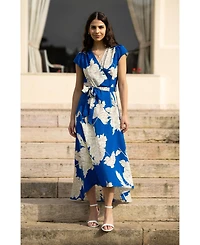 Yumi Women's Blossom Print Dipped Hem Wrap Midi Dress