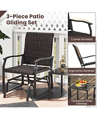 Gymax 3 Pcs Patio Gliding Set Wicker Swing Glider Furniture Set Tempered Glass Coffee Table