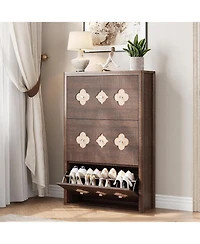 gaomon Shoe Cabinet with 3 Carved Flip Drawers, Crystal Handles, Storage Adjustable Shelf, Wooden Organizer