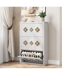 gaomon Shoe Cabinet with 3 Carved Flip Drawers, Crystal Handles, Storage Adjustable Shelf, Wooden Organizer