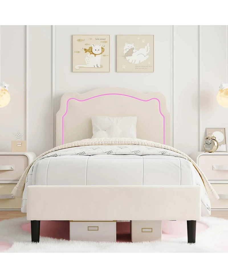 gaomon Upholstered Bed Frame with Smart Led and Adjustable Bear Headboard, Velvet Princess Platform Bed, Wooden Slats Support Kids Bed