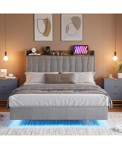 gaomon Full Floating Bed Frame with Led Lights and Usb Upholstered Platform Headboard Wood Slats No Box