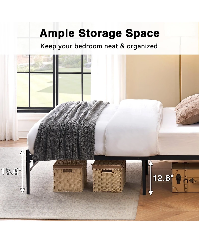 gaomon Industrial WoodandMetal Bed Frame- Storage Headboard Wooden Shelves No Box Spring Needed