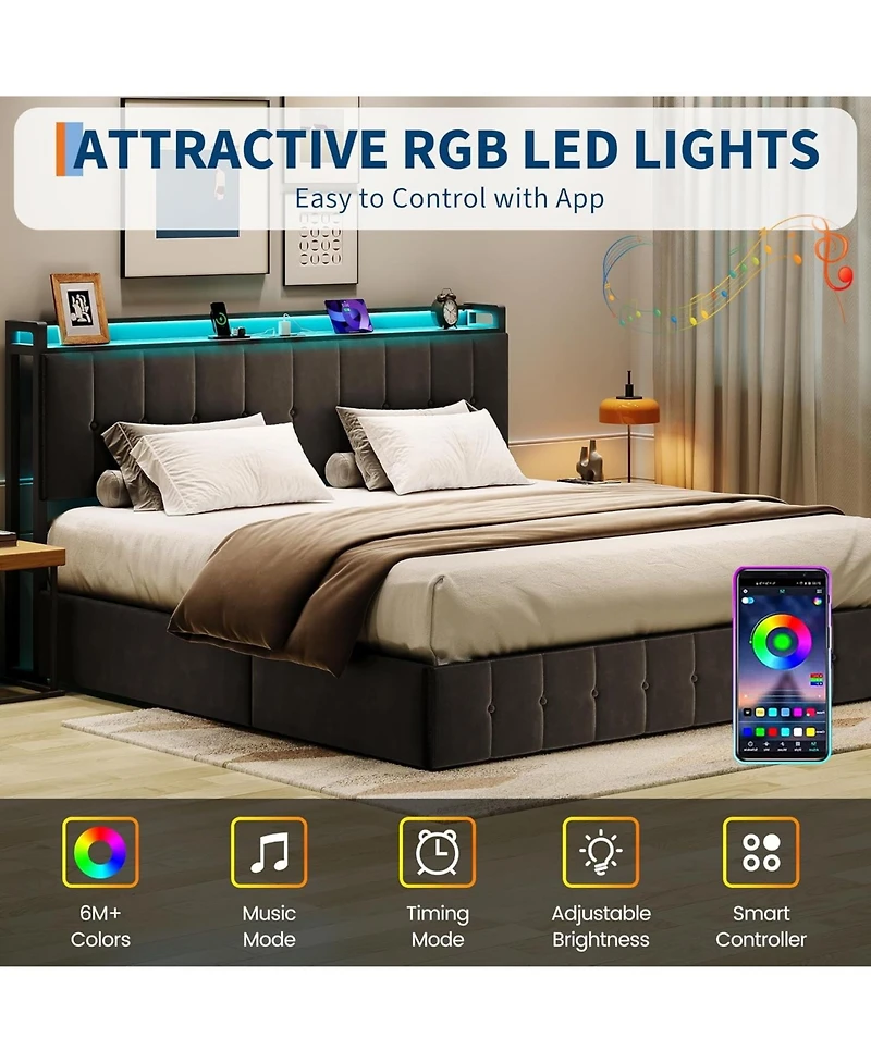 gaomon Bed Frame Lift-Up Storage Led Lights Upholstered Velvet Charging Headboard Metal Frame Wooden Slats No Box Spring