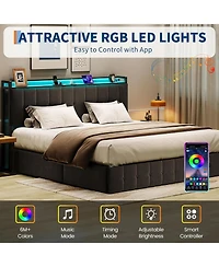 gaomon Bed Frame Lift-Up Storage Led Lights Upholstered Velvet Charging Headboard Metal Frame Wooden Slats No Box Spring