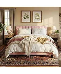 gaomon Bed Frame with Adjustable Height Vertical Channel Tufted Headboard, Upholstered Platform Bed Frame with Sturdy Wooden Slats Support