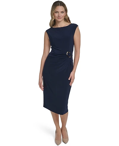 Jessica Howard Women's Side Ruche Buckle Boat Neck Dress