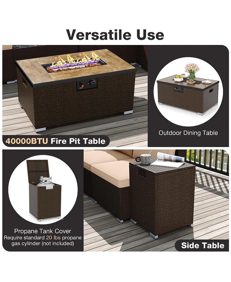Gymax 12 Pcs Outdoor Patio Wicker Sectional Sofa Set w/ 32'' Propane Fire Pit Table Tank Holder