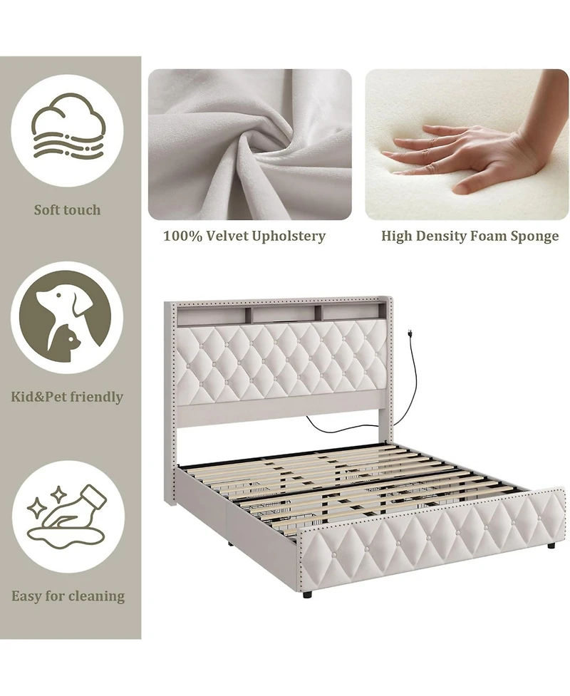 gaomon Pu Leather Upholstered Bed Frame with 4 Storage Drawers, Usb Charging Station & Led Lights