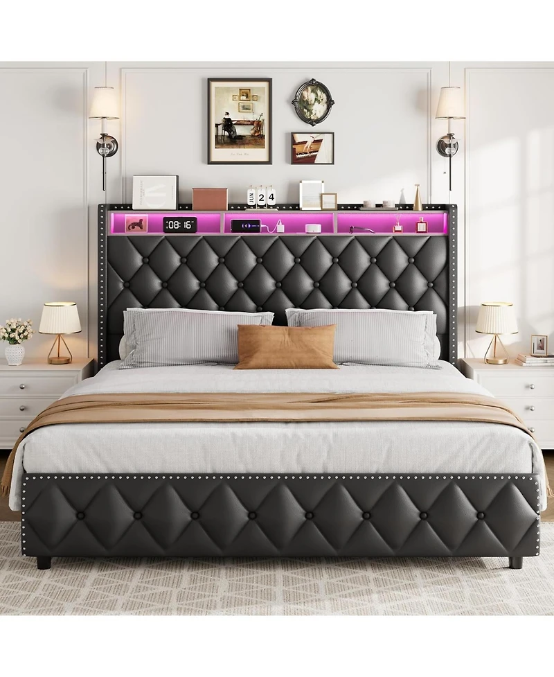 gaomon Pu Leather Upholstered Bed Frame with 4 Storage Drawers, Usb Charging Station & Led Lights