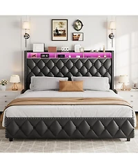 gaomon Pu Leather Upholstered Bed Frame with 4 Storage Drawers, Usb Charging Station & Led Lights