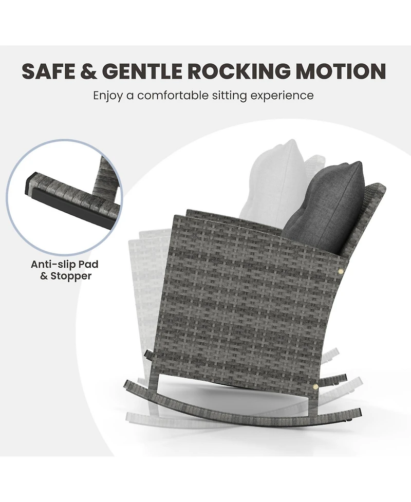 Gymax Set of 3 Wicker Rocking Patio w/ Tempered Glass Table & Soft Cushions