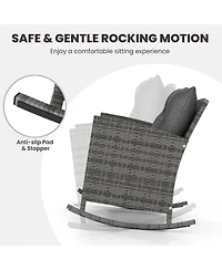 Gymax Set of 3 Wicker Rocking Patio w/ Tempered Glass Table & Soft Cushions