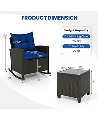 Gymax Set of 3 Wicker Rocking Set Patio w/ Tempered Glass Table & Soft Cushions