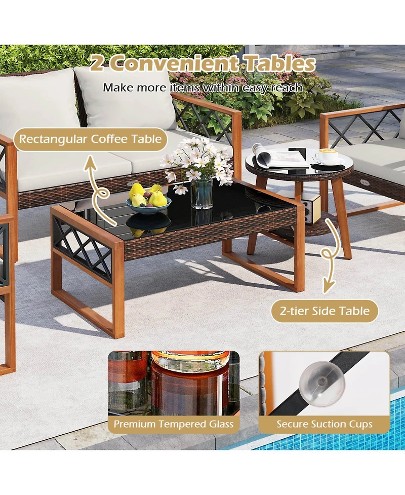 Gymax 5 Pcs Pe Wicker Patio Furniture Set w/Acacia Wood Frame Cushions for Deck Garden