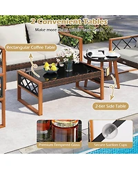 Gymax 5 Pcs Pe Wicker Patio Furniture Set w/Acacia Wood Frame Cushions for Deck Garden