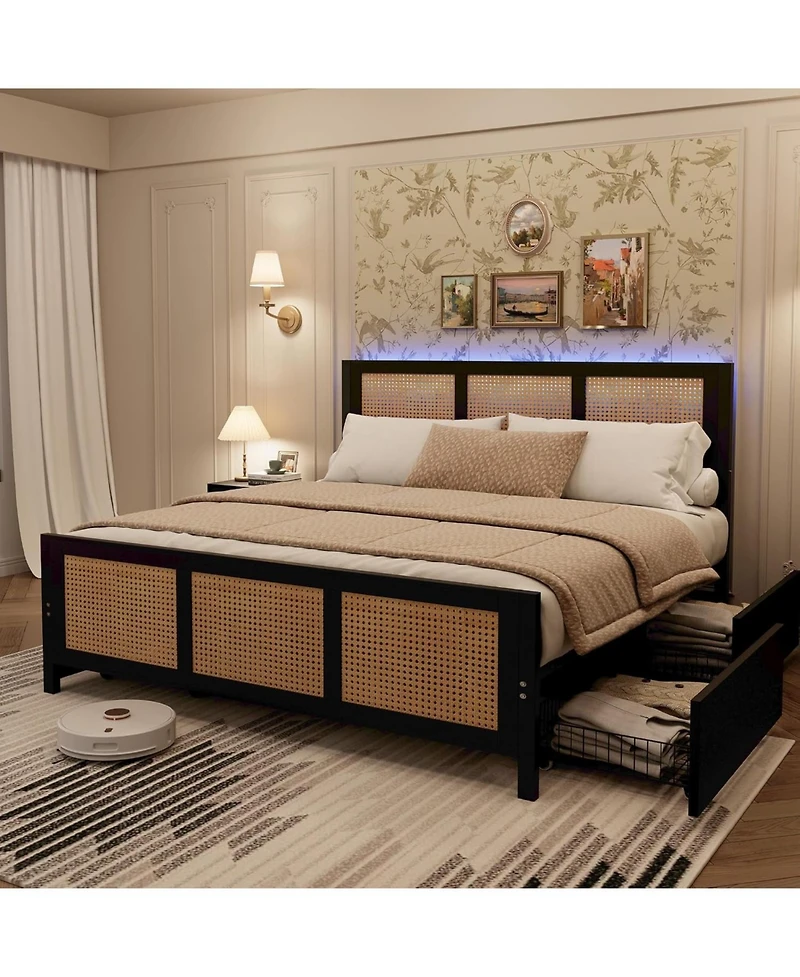 gaomon Rattan Storage Bed- Led Lights 4 Drawers Woven Front Mdf Wood Frame