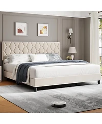 gaomon Platform Bed Heavy-Duty Upholstered Headboard Wooden Slats No Box Spring Easy Assembly Noise Free