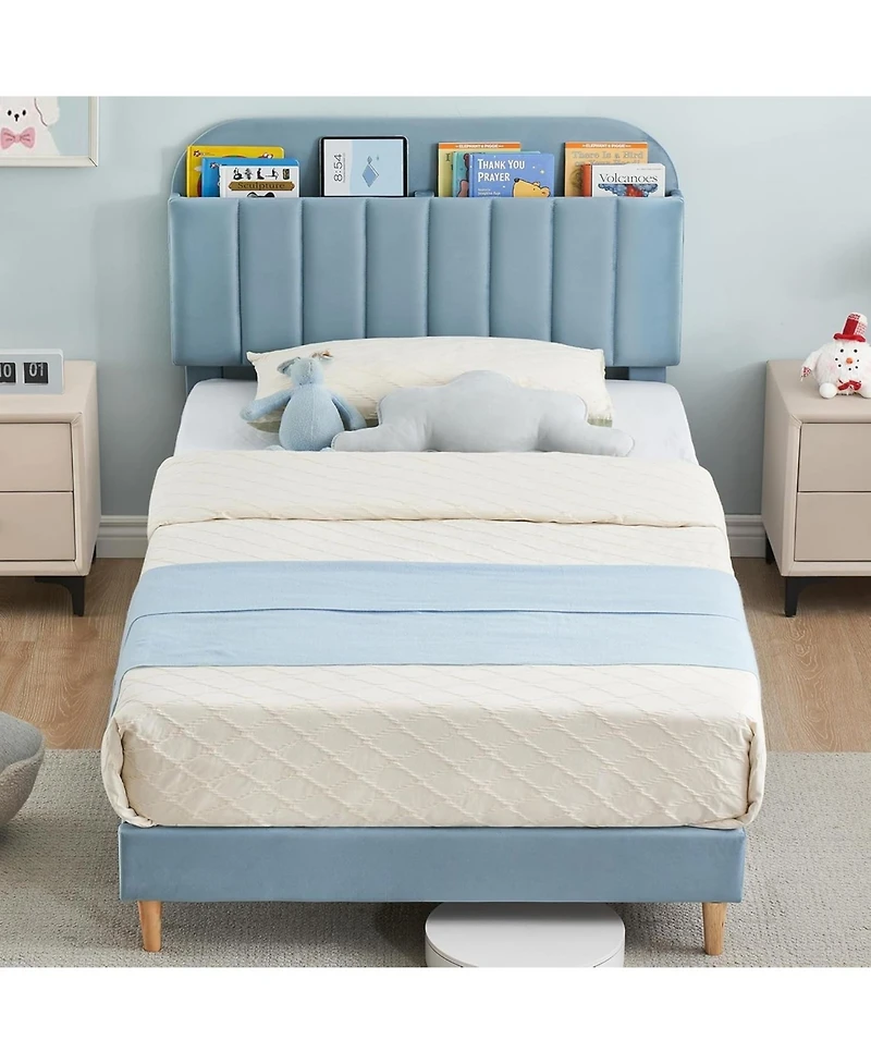 gaomon Bed Frame Bookcase Headboard Upholstered Platform Wooden Slats Support No Box