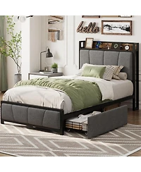 gaomon Twin-xl Size Bed Frame with 2 Storage Drawers and Charging Station, Rustic Linen Upholstered Platform Bedframe with Storage Headboard