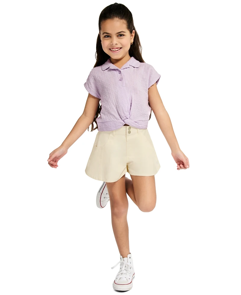 Calvin Klein Girls' 4-6X Dotted Crinkle Gauze Knot-Front Shirt and Twill Shorts, 2-Piece Set
