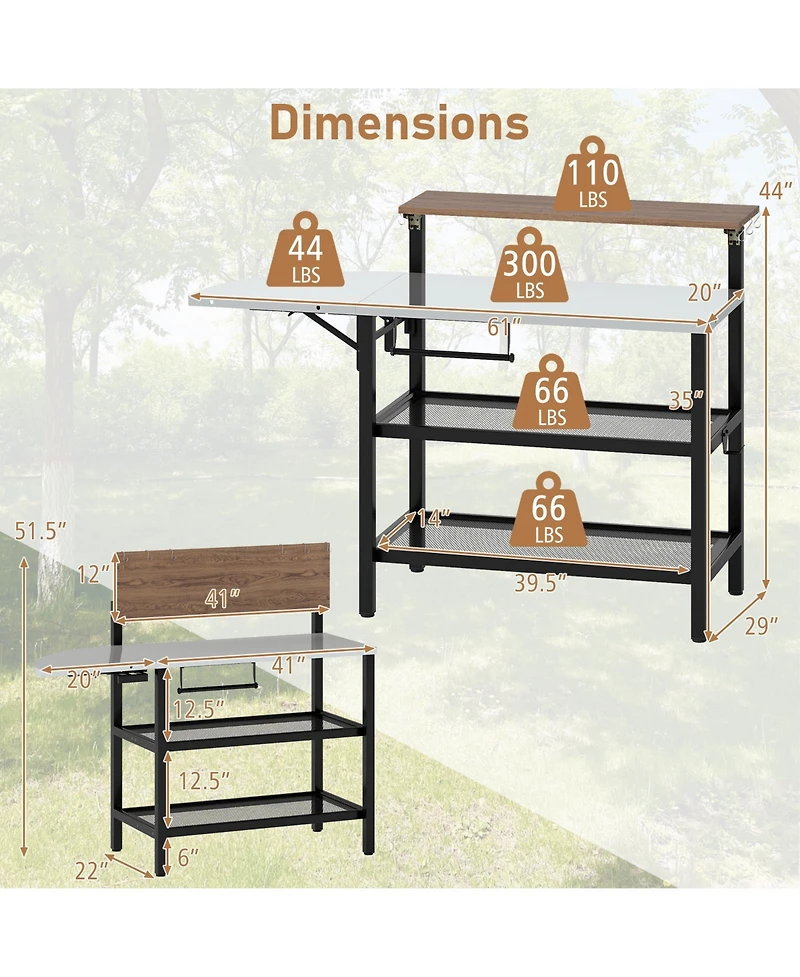 Gymax Patio Bar Table and Rolling Bar Cart w/Flip-Up Top Storage Shelves Removable Hooks
