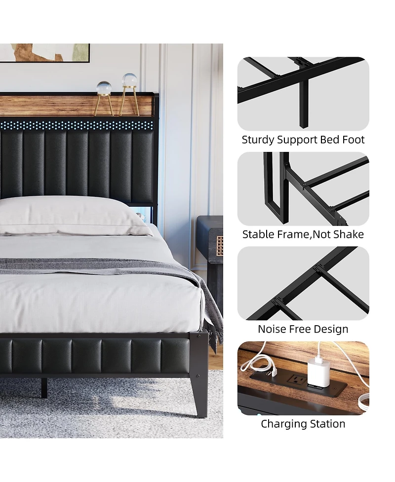 gaomon Queen Bed Frame Led Light Charging Station Upholstered Platform Storage Headboard Metal Slat Easy Assembly Noise Free Black