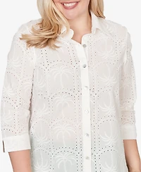 Alfred Dunner Petite Resort Living Eyelet Palm Tree Button-Front Collared Top